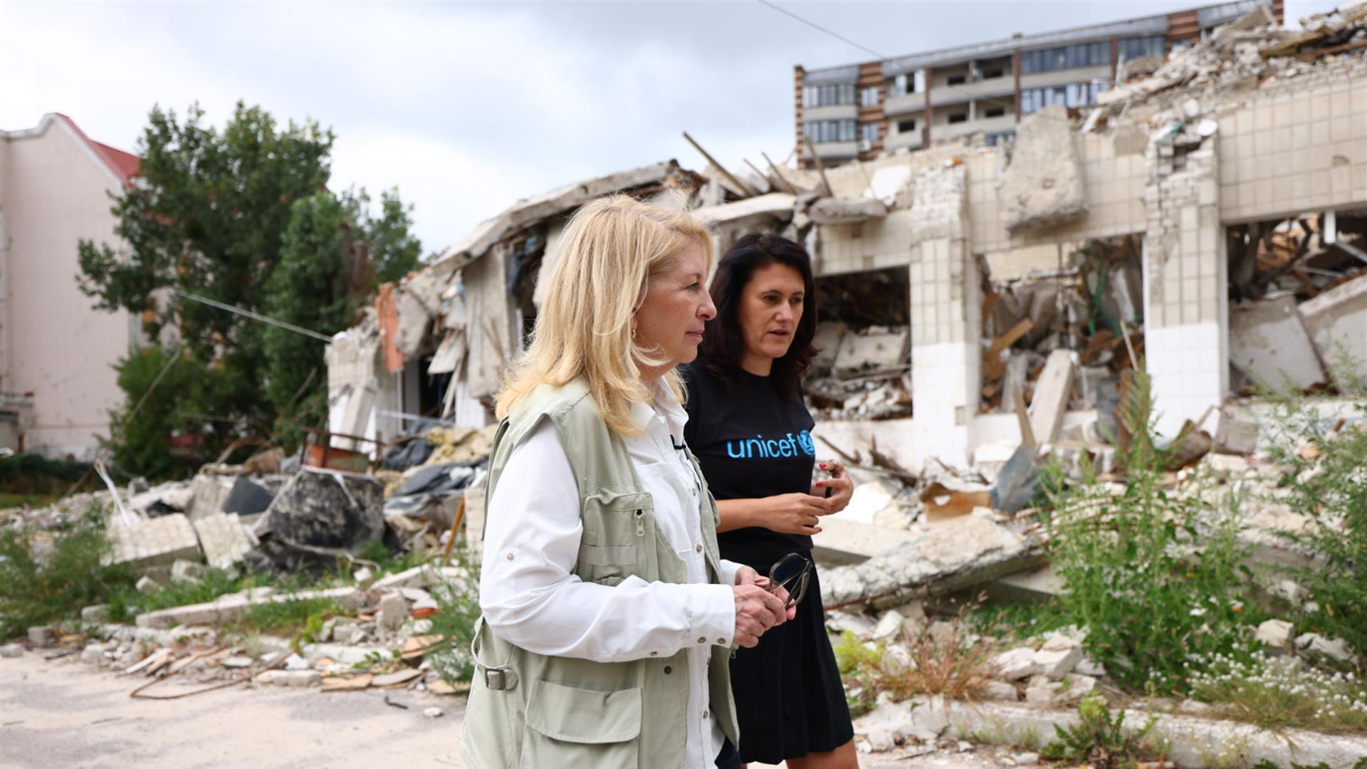 Executive Director Catherine Russell (Left) Visits School #25, Which Has Been Heavily Damaged Since The Escalation Of The War